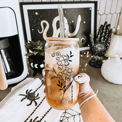 Birth Flower Glass Cup With Straw And Cleaning Brush