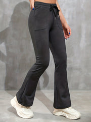 Dark Gray Yoga Pants Women Mid Waist Drawstring Pockets Fared Leg