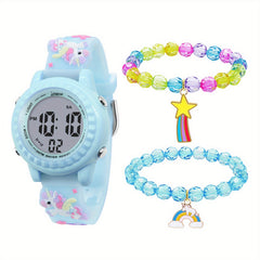 3pcs Unicorn Watch Bracelet For Girls Waterproof Alarm Clock Calendar Watch