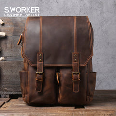 Leather Men's Backpack Large Capacity Vintage Crazy Horse Cowhide Travel Backpac