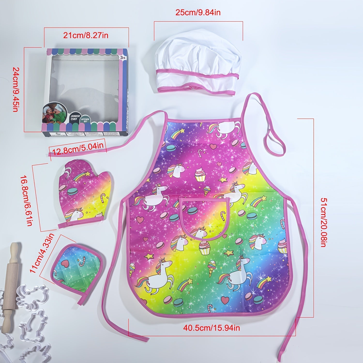 15pcs Kids Chef Set Apron Gloves Hat Pink Accessories Baking Tools