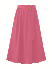 Women's Plus Solid Metal Decor Elastic Belted A line Skirt
