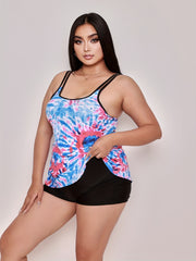 Tankini Set Tie Dye Crew Neck & Solid Shorts Two Piece
