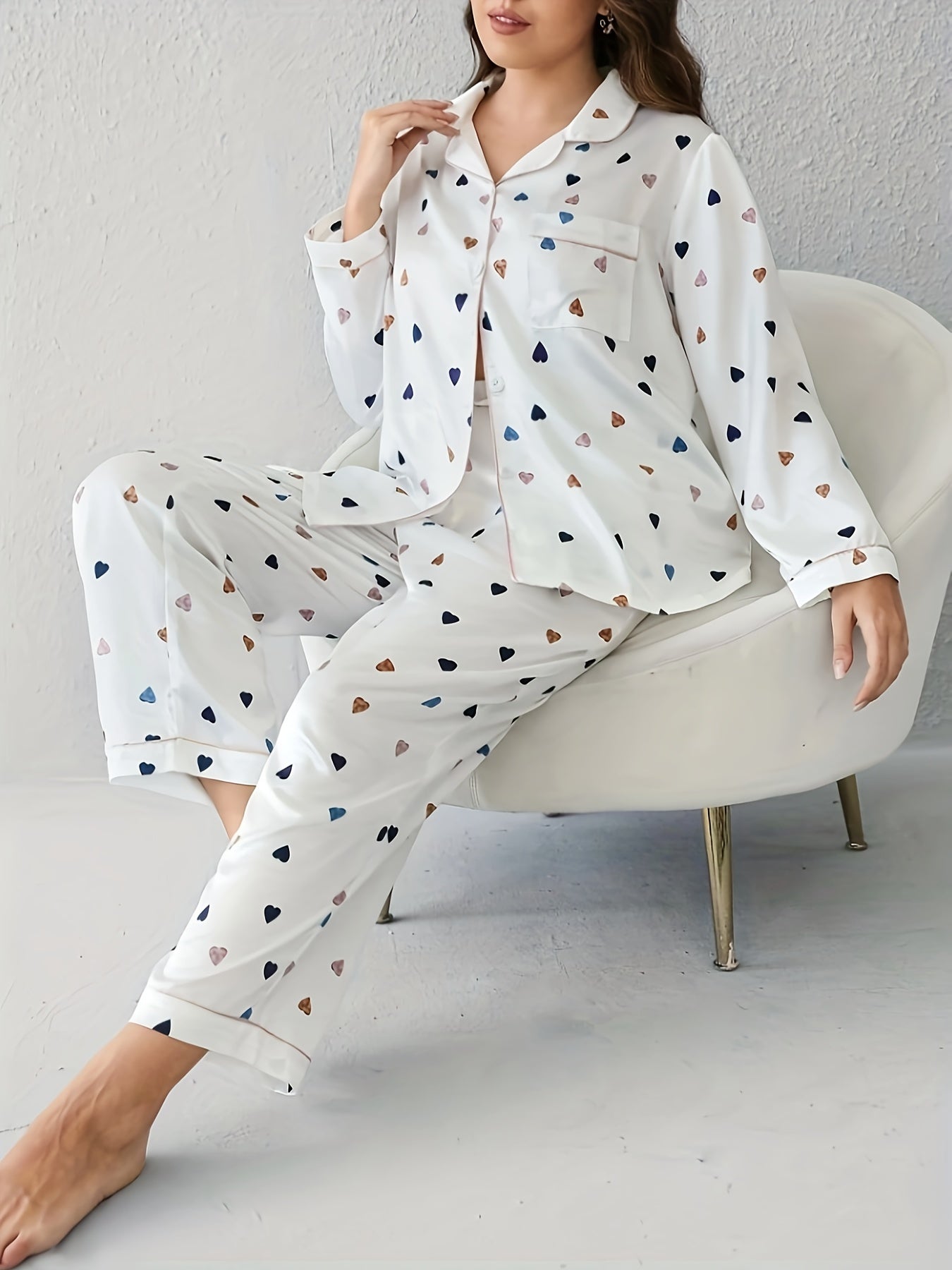 Heart Print Pajama Set Women's 2 Piece Lounge Set