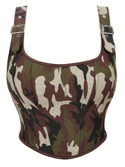 Camo Print Corset Top Sexy Squared Neck Sleeveless Top