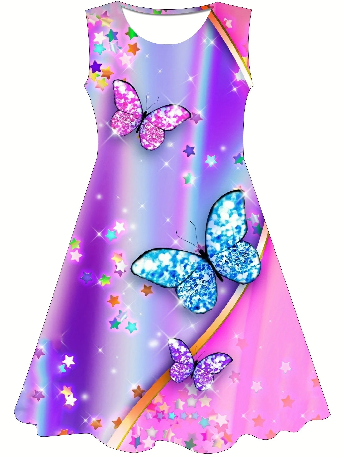 Girls Shimmering Butterfly Dress 3D Print Sleeveless Crew Neck