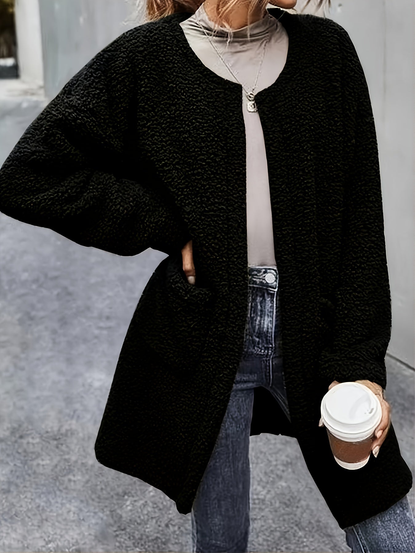 Women's Fluffy Winter Fur Coat with Crew Neck