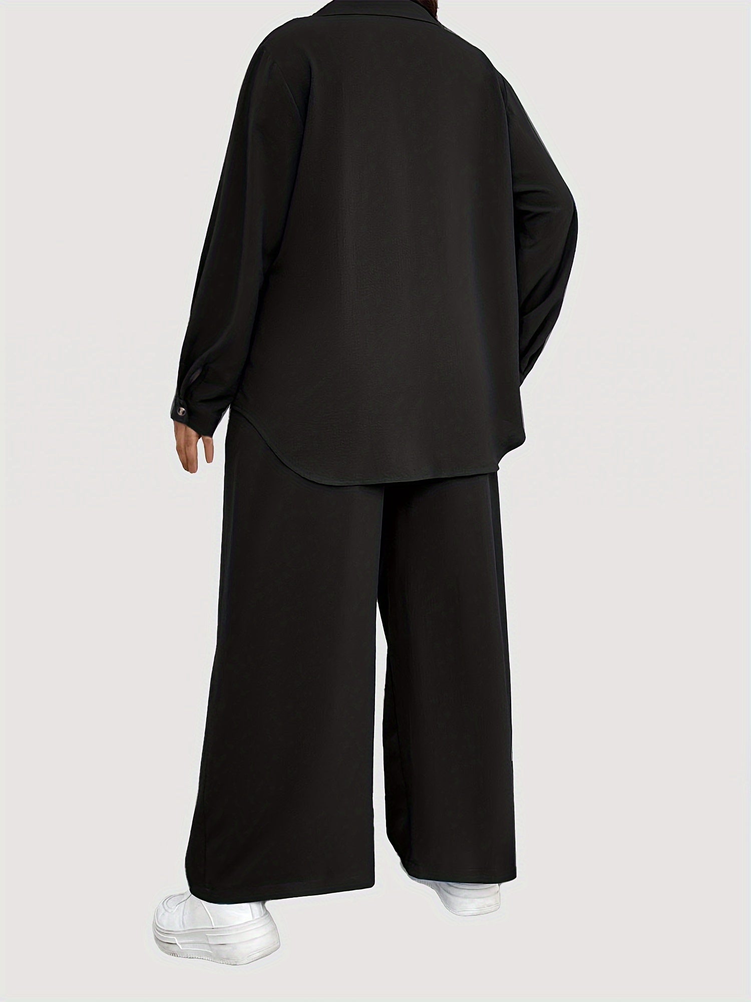 Solid Long Sleeve Button Up Shirt & Loose Pants 2 Piece Set