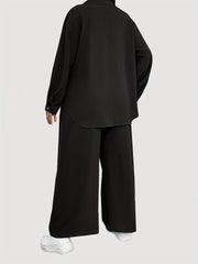 Solid Long Sleeve Button Up Shirt & Loose Pants 2 Piece Set