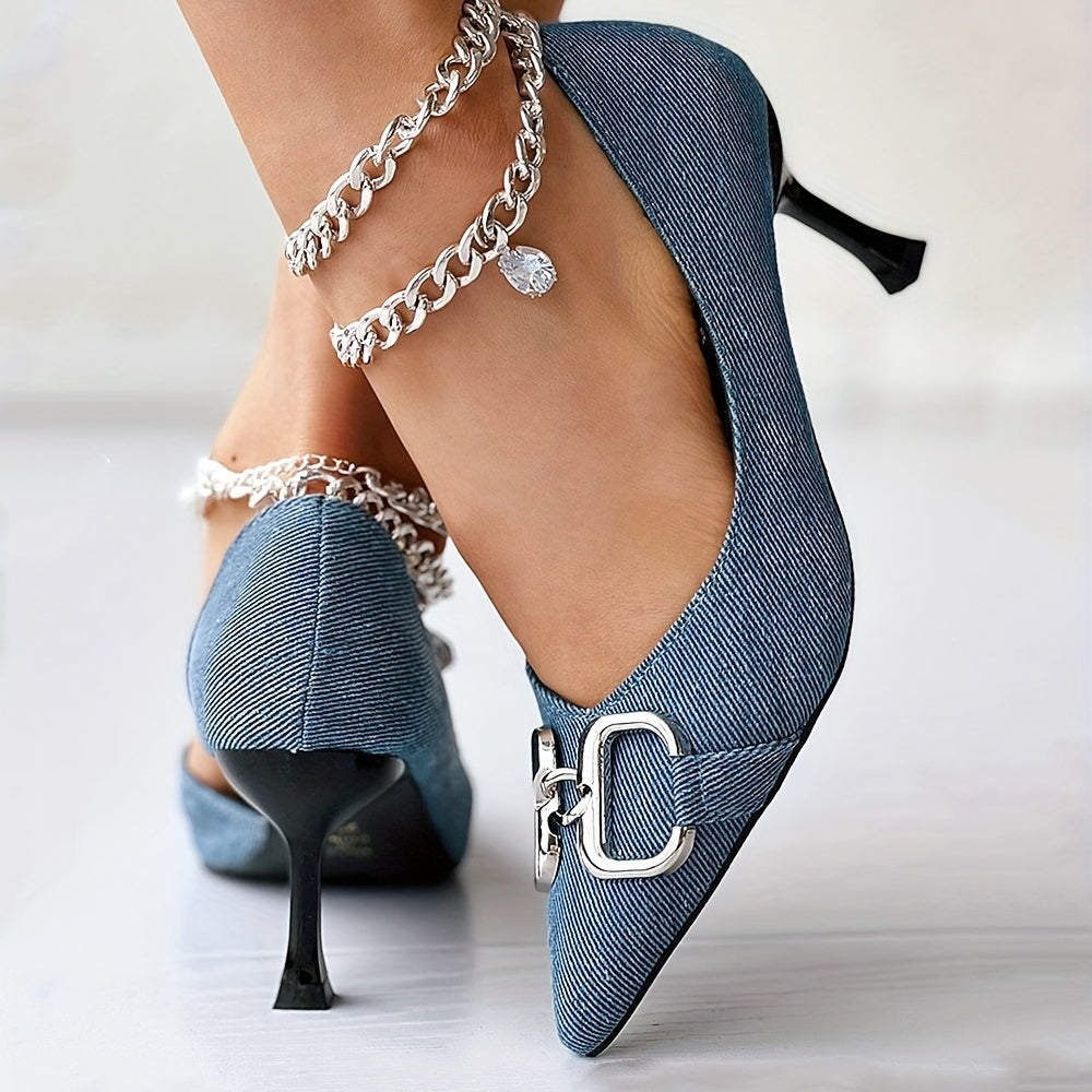 Women's Denim Buckle High Heel Pumps