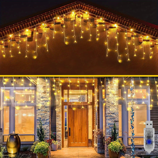 Outdoor Icicle Lights 4m 13ft 90 LED 8 Modes USB Plug In Curtain String Lights