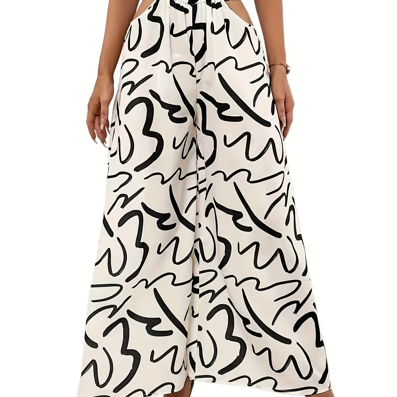 Abstract Print Cut Out Wide Leg Pants Casual Loose Pants