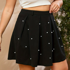 Women's High Rise Pleated Skirt with Faux Pearl Decor