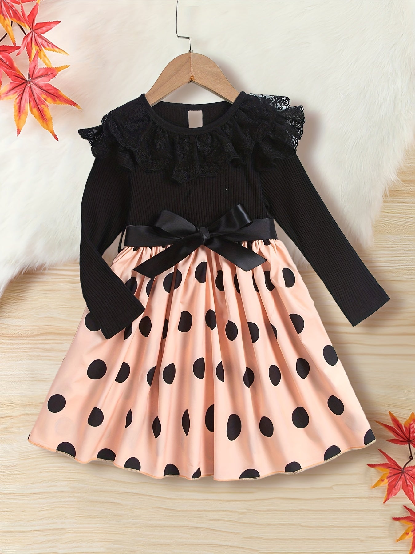 Girls' Lace Polka Dot Dress Long Sleeve Crew Neck Stretch Fit