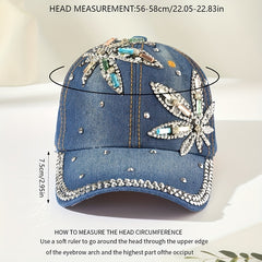 Rhinestone Leaf Patch Baseball Cap Denim Distressed Dad Hat