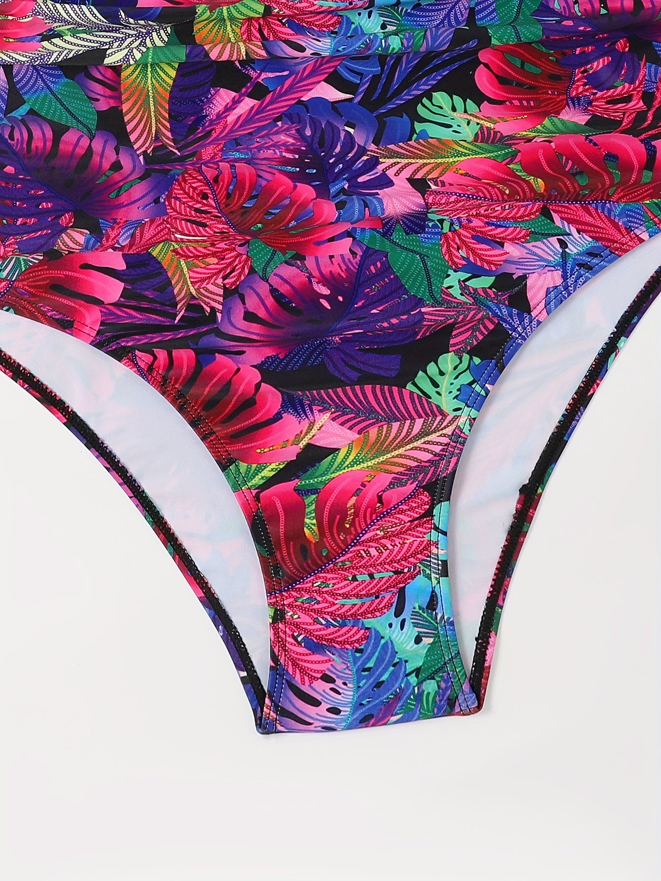 Sexy Bikini Set: Solid V Neck Ruffle Bra & Tropical Print Ruched Panty