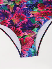 Sexy Bikini Set: Solid V Neck Ruffle Bra & Tropical Print Ruched Panty