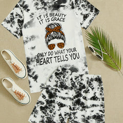 Tie Dye 2 Piece Set Figure Print Short Sleeve T shirt & Elastic Waist