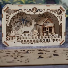 3D Wooden Puzzle DIY Elk Forest Cabin Scene Christmas Gift Desktop Decoration