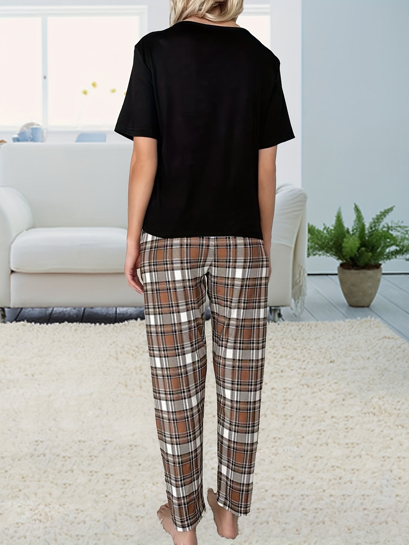 Bear Print Pajama Set Short Sleeve Top & Plaid Pants Women's Sleepwear