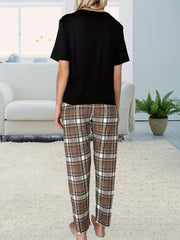 Bear Print Pajama Set Short Sleeve Top & Plaid Pants Women's Sleepwear