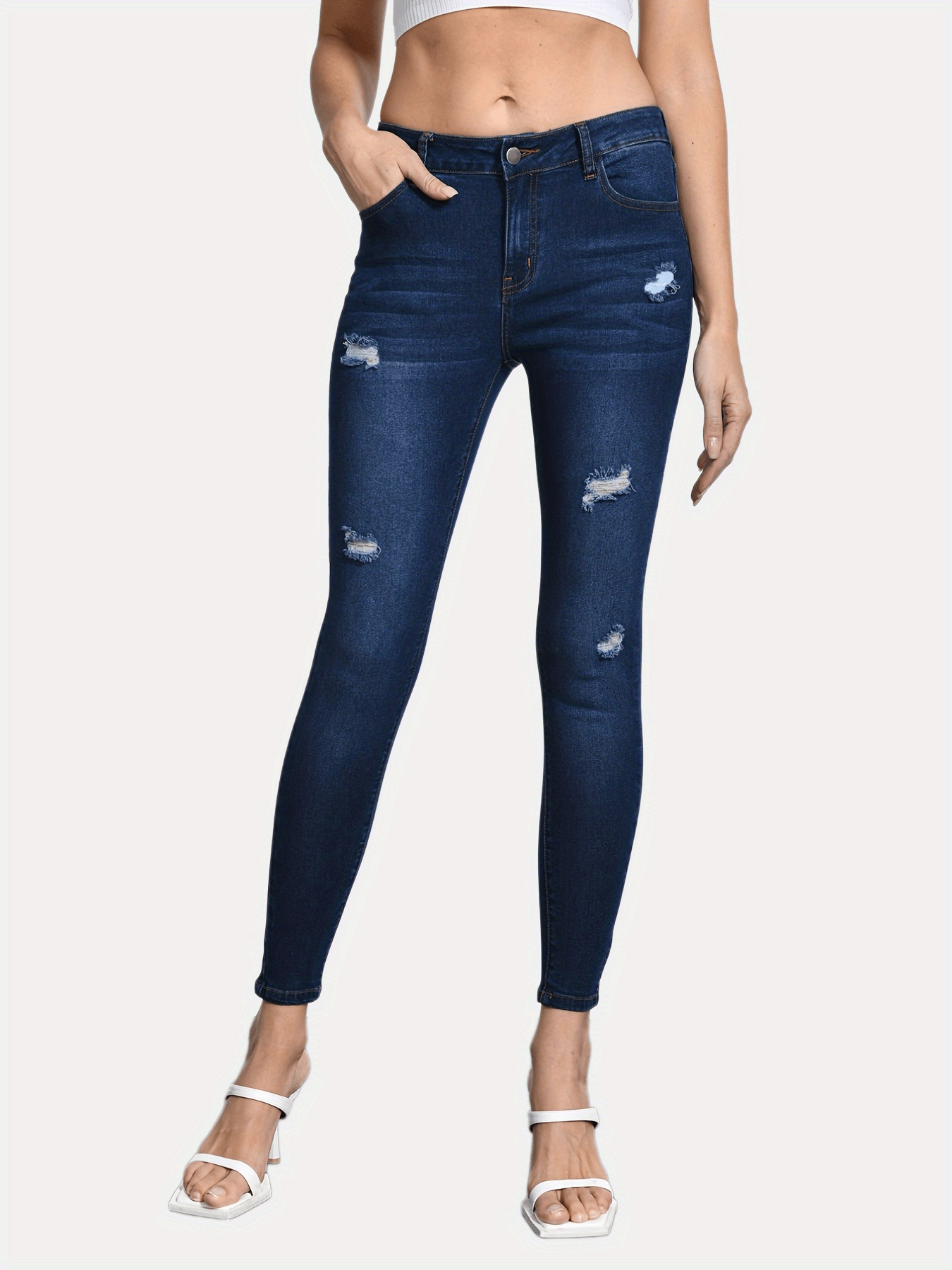 Ripped Skinny Jeans Distressed Slash Pockets Slim Fit High Stretch Denim Pants
