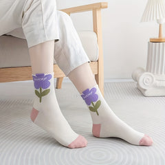 5 Pairs Women's Floral & Heart Print Mid Tube Socks