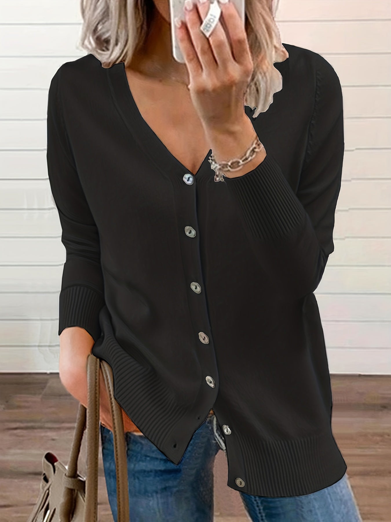 Solid V Neck Button Front Long Sleeve Cardigan for Women