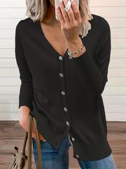 Solid V Neck Button Front Long Sleeve Cardigan for Women