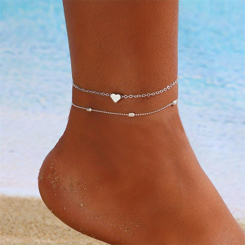 Love Heart Chain Anklet Double Layers Bracelet Women Girls