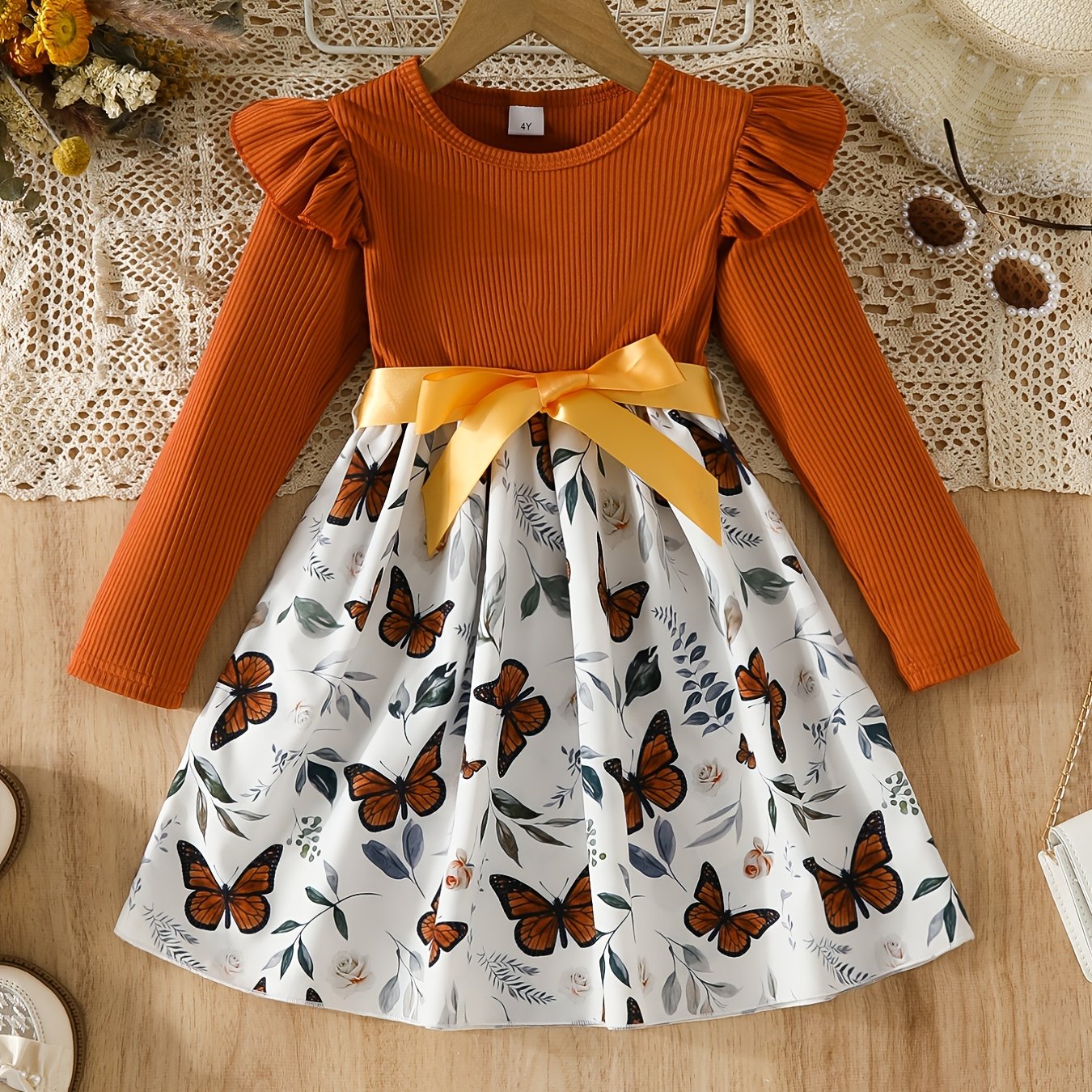 Girls' Butterfly Graphic Ribbed Long Sleeve Dress