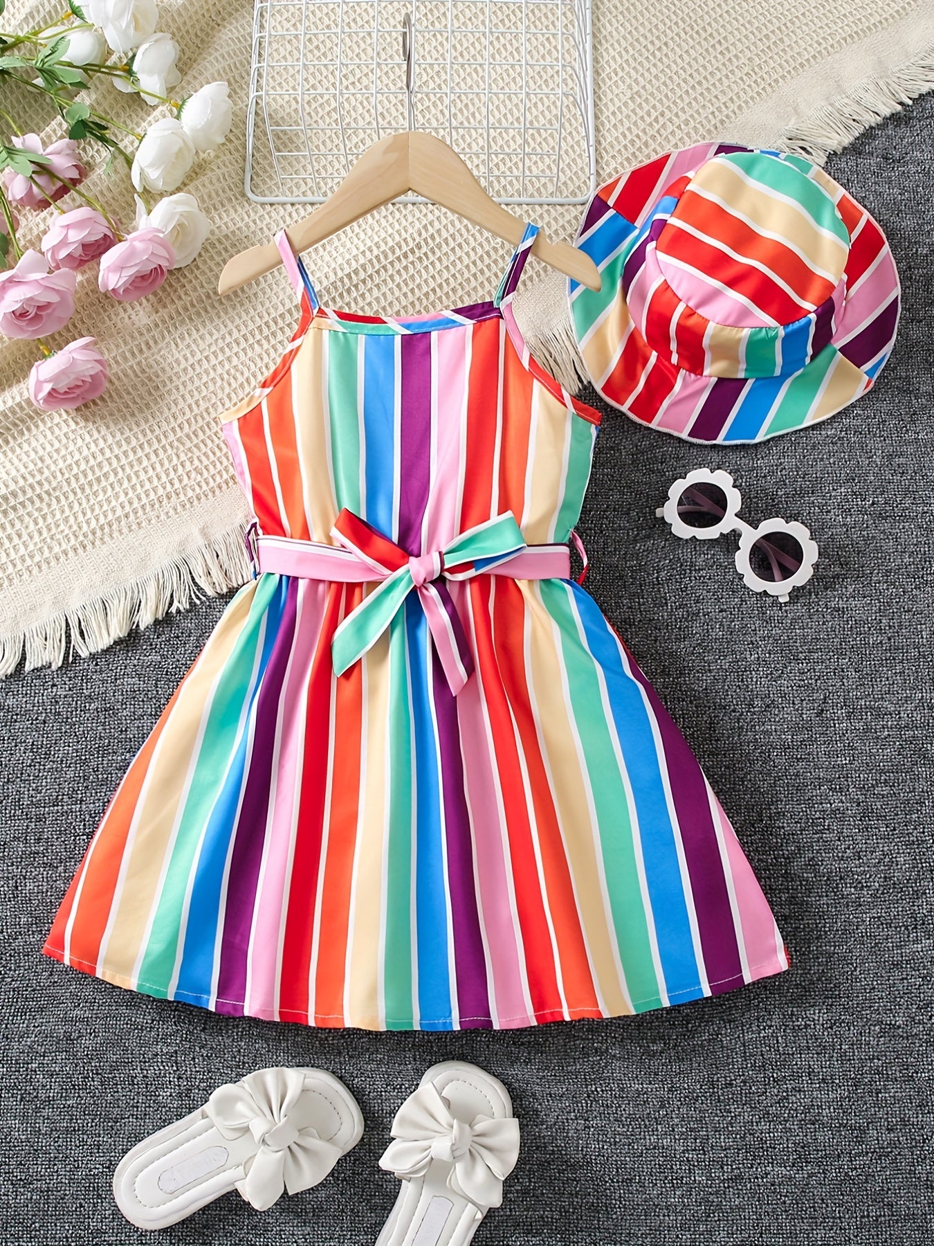 2pcs Toddler Girls Rainbow Stripe Cami Dress & Hat Set for Summer