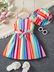 2pcs Toddler Girls Rainbow Stripe Cami Dress & Hat Set for Summer