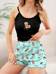 Coffee Print Pajama Set Crew Neck Cami Top & Elastic Waistband Shorts