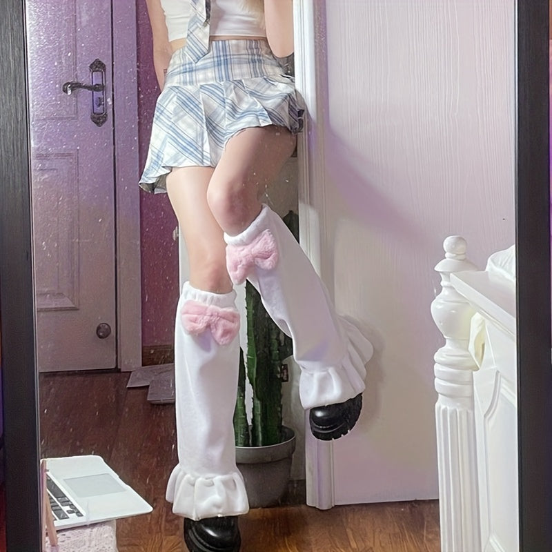 Bow Ruffle Fuzzy Leg Warmers Sweet & Knee High Socks Women's Stockings