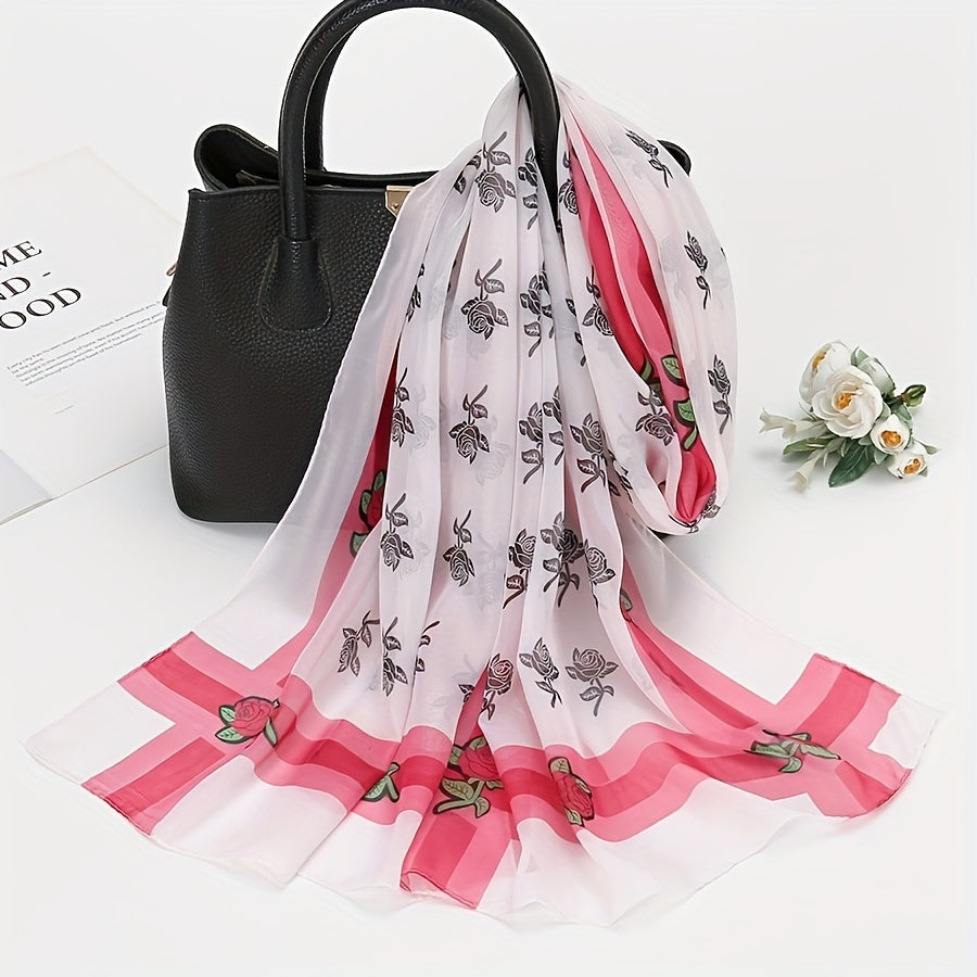 Stylish Flower Chiffon Scarf Wide Stripe Print Shawl Sunscreen Head Wrap