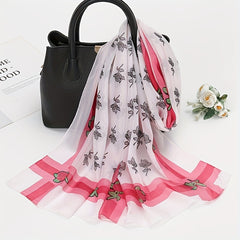 Stylish Flower Chiffon Scarf Wide Stripe Print Shawl Sunscreen Head Wrap
