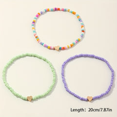 Colorful Beaded Anklet Set With Heart Shape Beads 3pcs