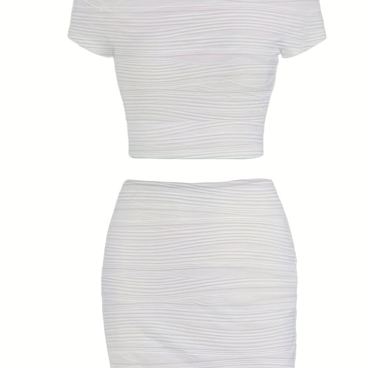 Women's Textured Two Piece Skirt Set Short Sleeve T shirt & Mini Skirt