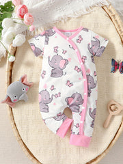Elephant Print Short Sleeve Romper Jumpsuit for Baby Girls and Boys