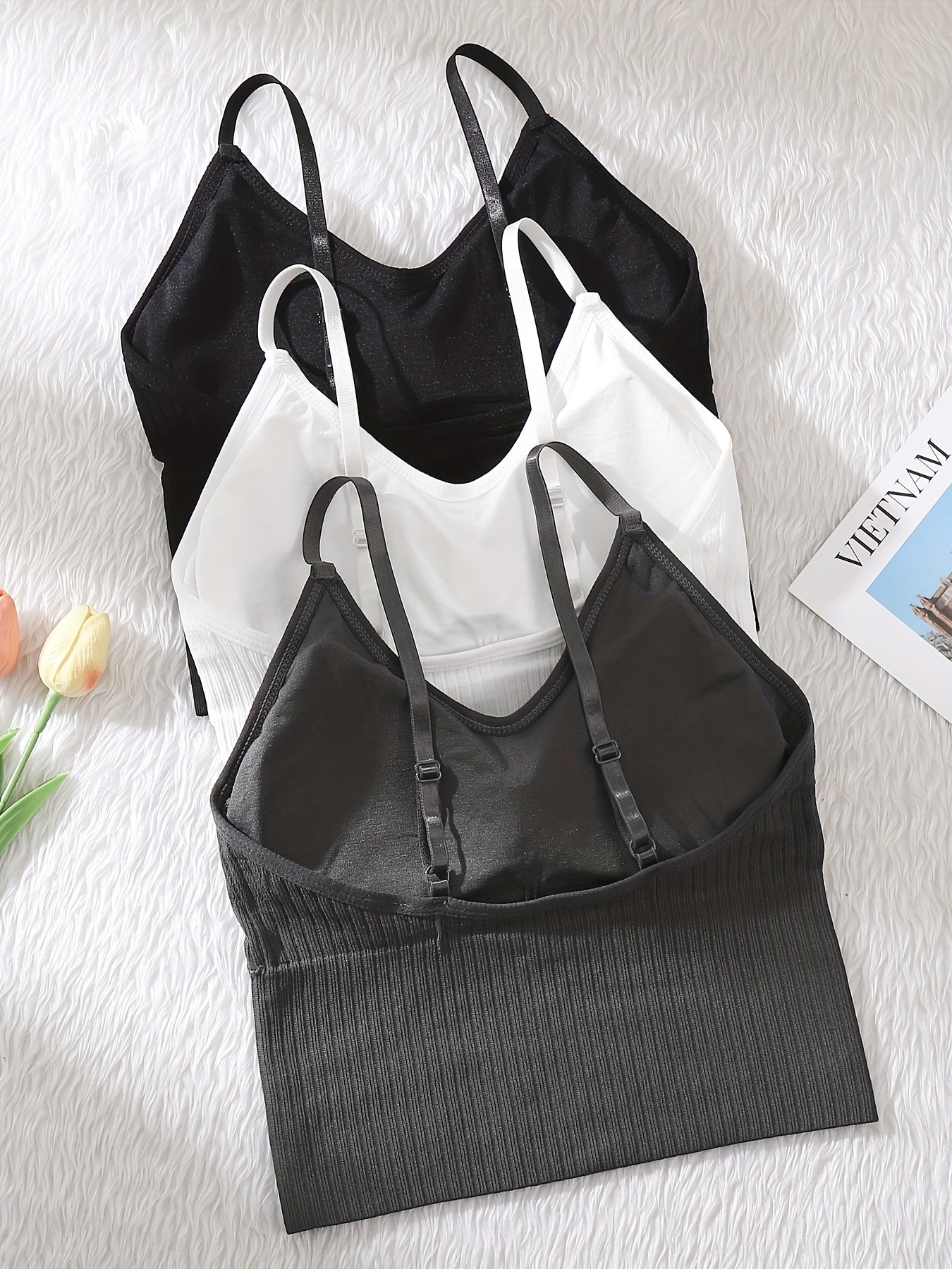 3pcs Ribbed Cami Tops V Neck Sleeveless Casual & Comfy