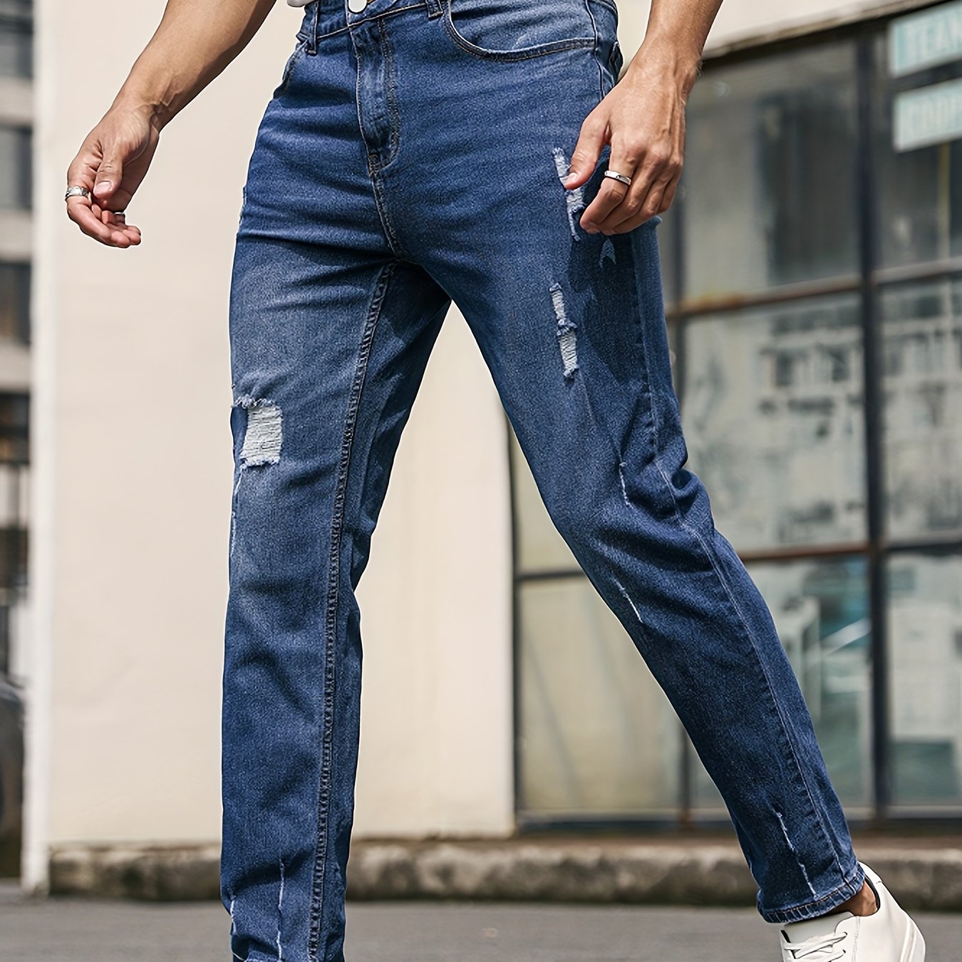 Slim Fit Cat Catch Jeans Men's Casual Street Style Distressed Stretch Denim Pant