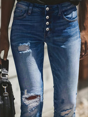 Women's Ripped Stretchy Button Fly Pocket Slim Fit Jeans