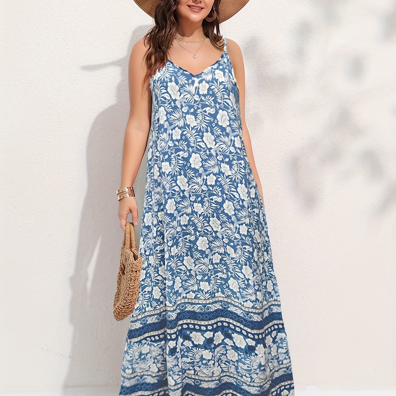 Retro Dress Women's Plus Floral & Tribal Print Round Neck Maxi Dress