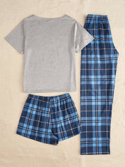 3pc Letter & Plaid Pajama Set Short Sleeve Tee & Shorts Lounge Pants