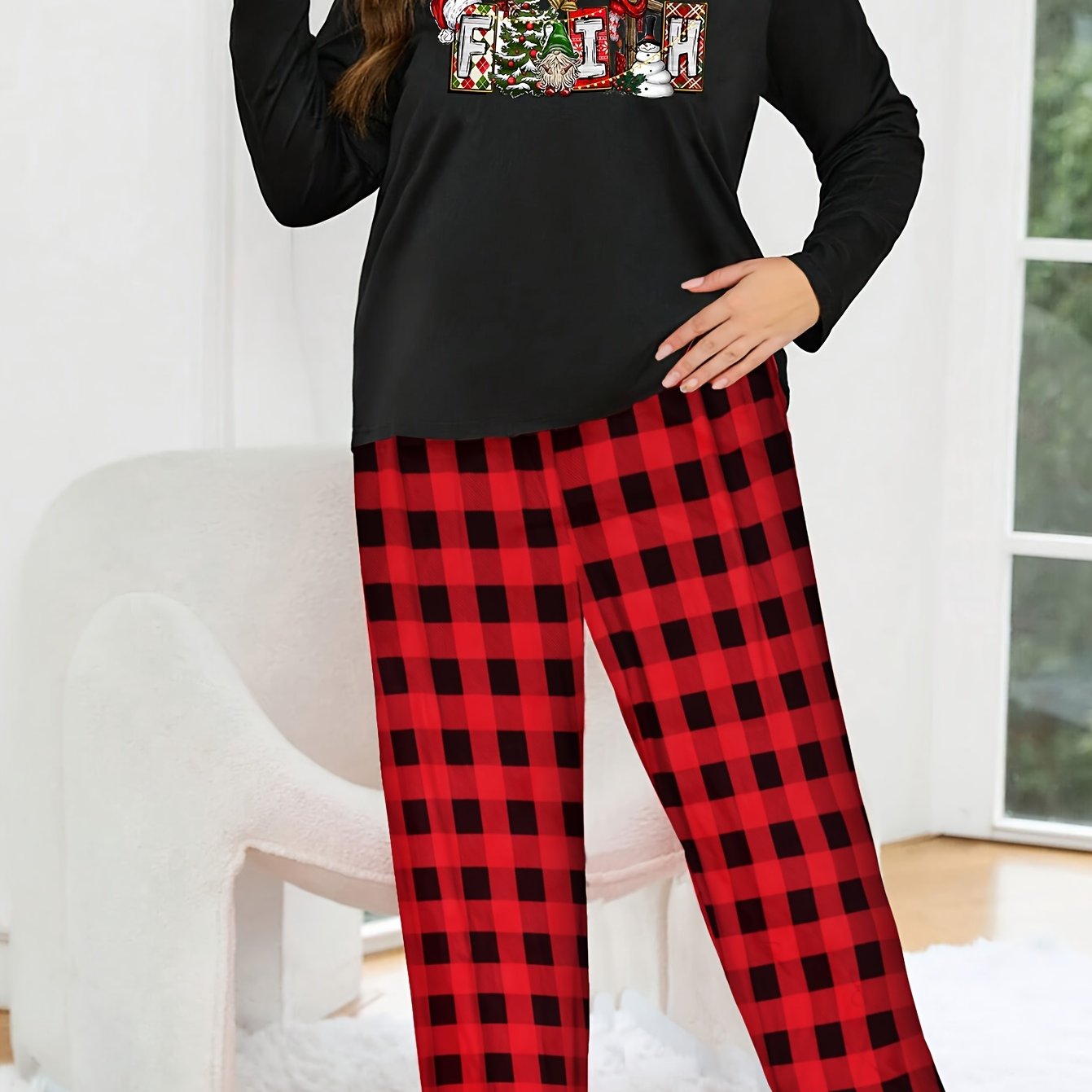 Christmas Pajamas Set Plaid Pants Round Neck Top
