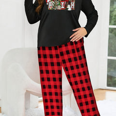 Christmas Pajamas Set Plaid Pants Round Neck Top