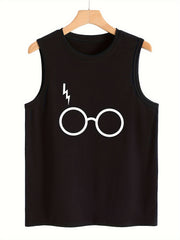 Glasses Print Sleeveless Sports Vest Round Neck Casual Tops