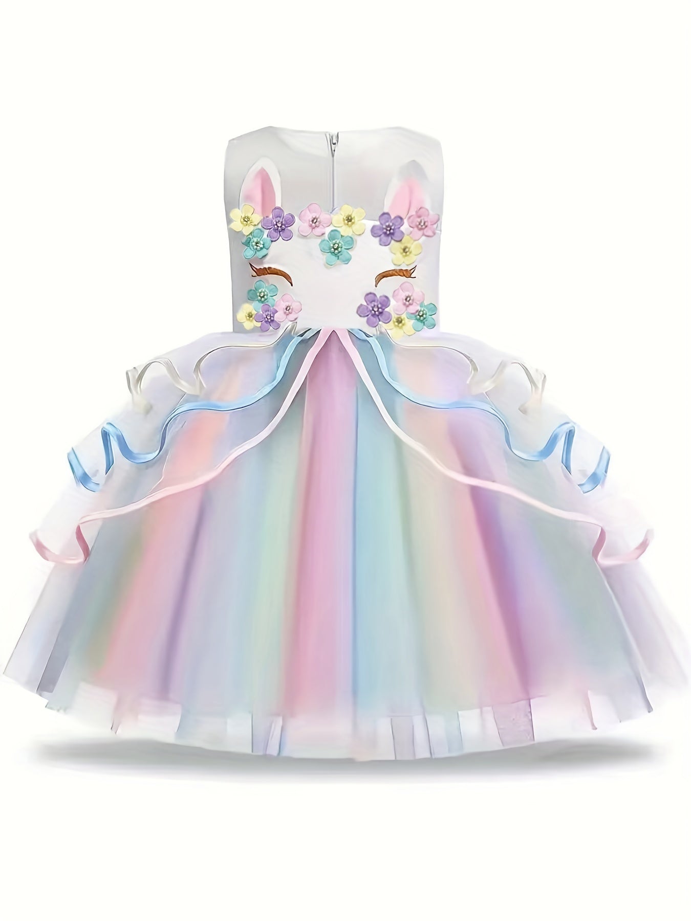 Girls Unicorn Princess Dress Unicorn Floral Print Mesh Princess Dress