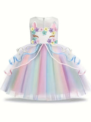 Girls Unicorn Princess Dress Unicorn Floral Print Mesh Princess Dress